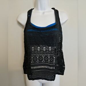Black Crochet Swim Cover Up Tank + Blue Bikini Top Set